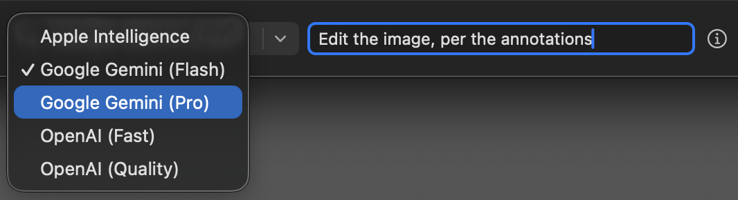 The AI provider picker dropdown, open over the footer's prompt input