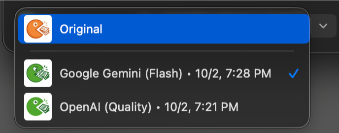 The AI result switcher dropdown, showing Original plus two results with provider and timestamp labels