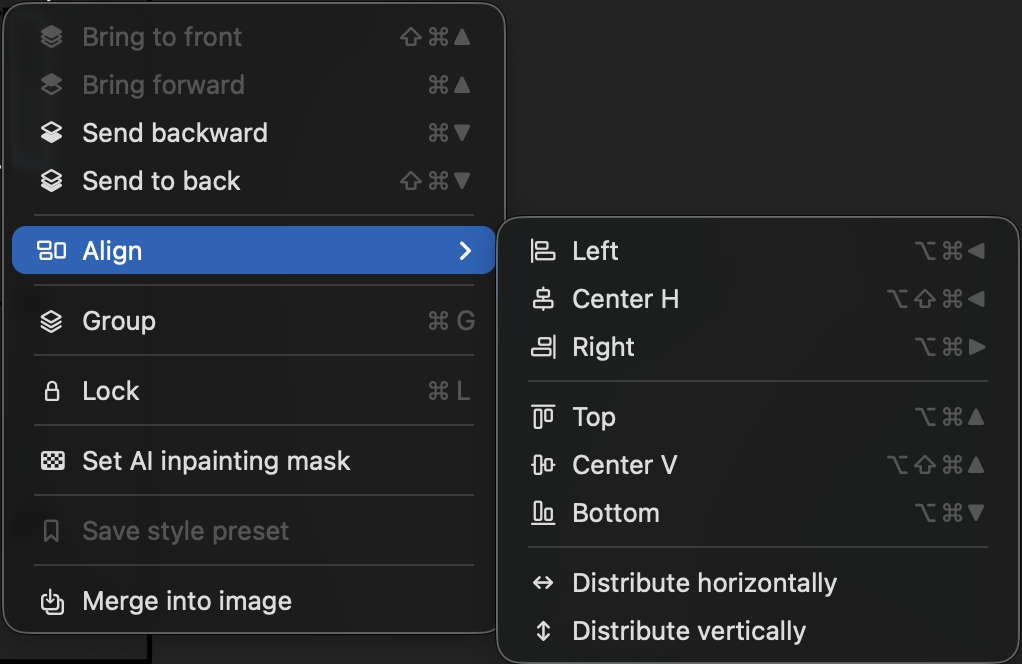 The PowerPic right-click menu with a multi-selection, showing the Align submenu with Distribute