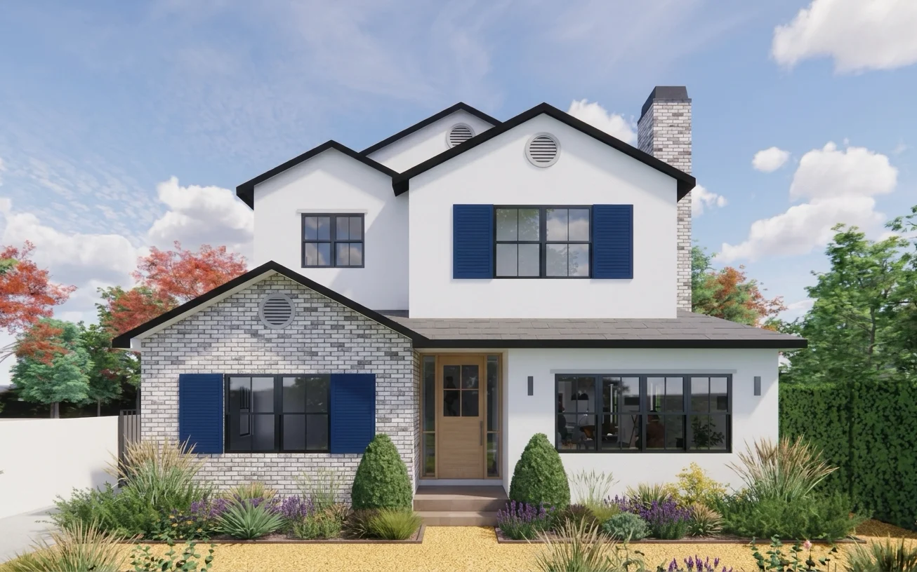 The AI-edited result: the same house re-rendered with every annotated instruction applied