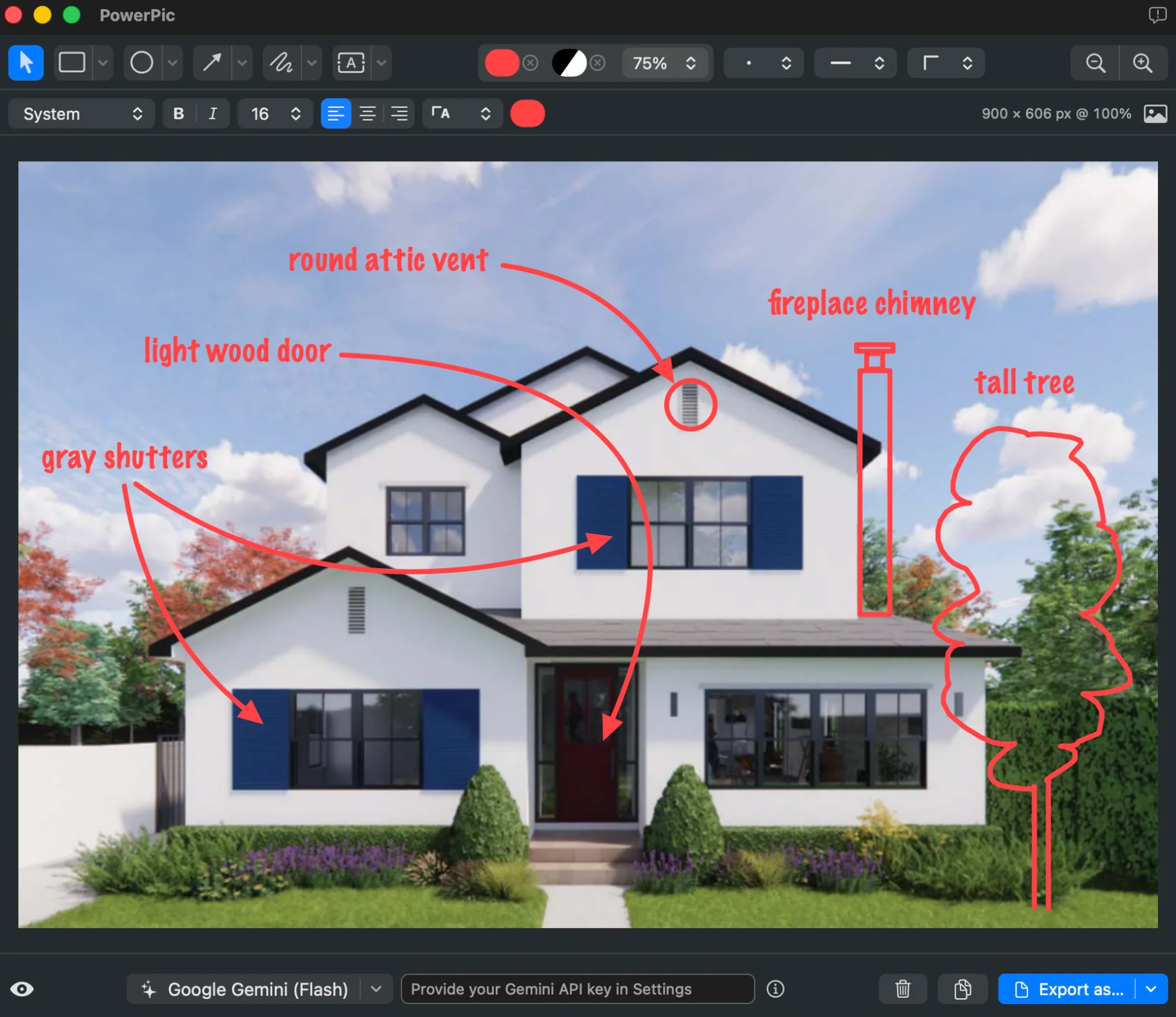 PowerPic editor window with an annotated screenshot — shapes, arrows, and the AI prompt bar